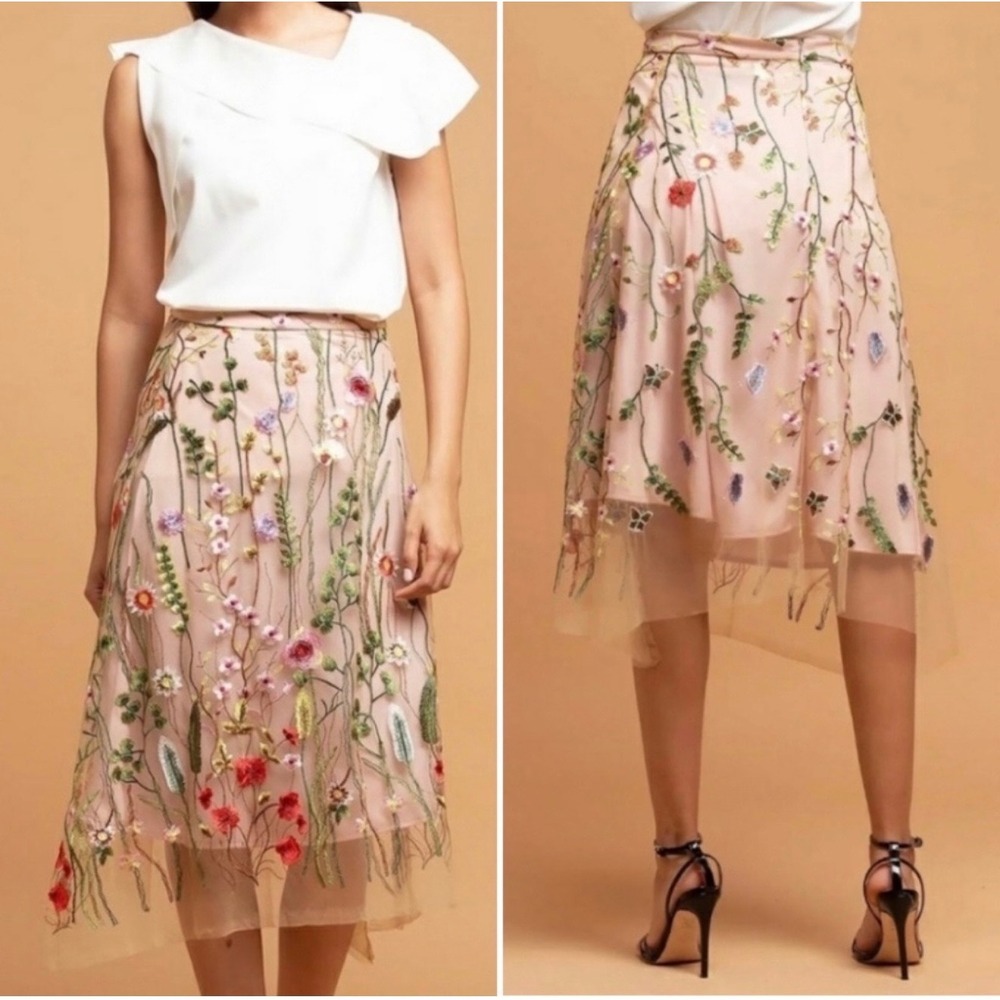 Eva Franco Waverly Garden Skirt Anthropologie Pink Floral Embroidered Tulle - Picture 2 of 10